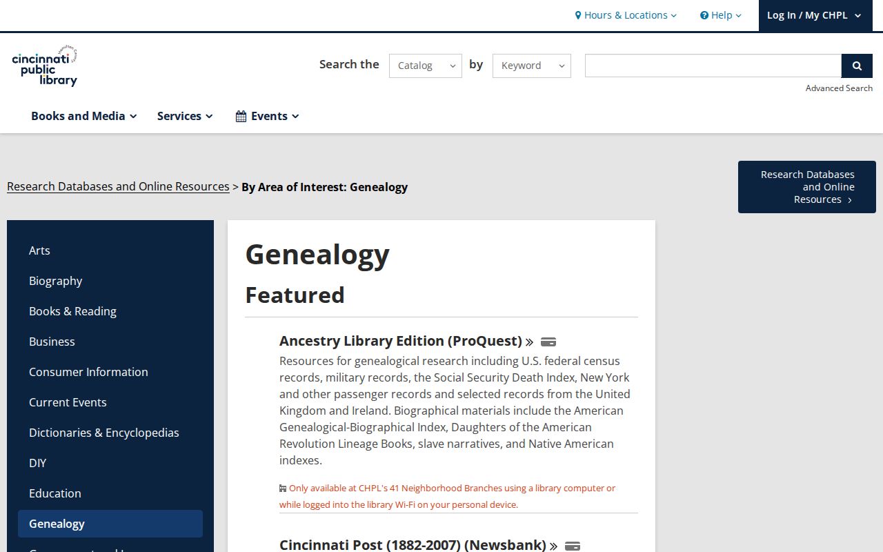 Anderson Township city directory genealogy database access at CHPL