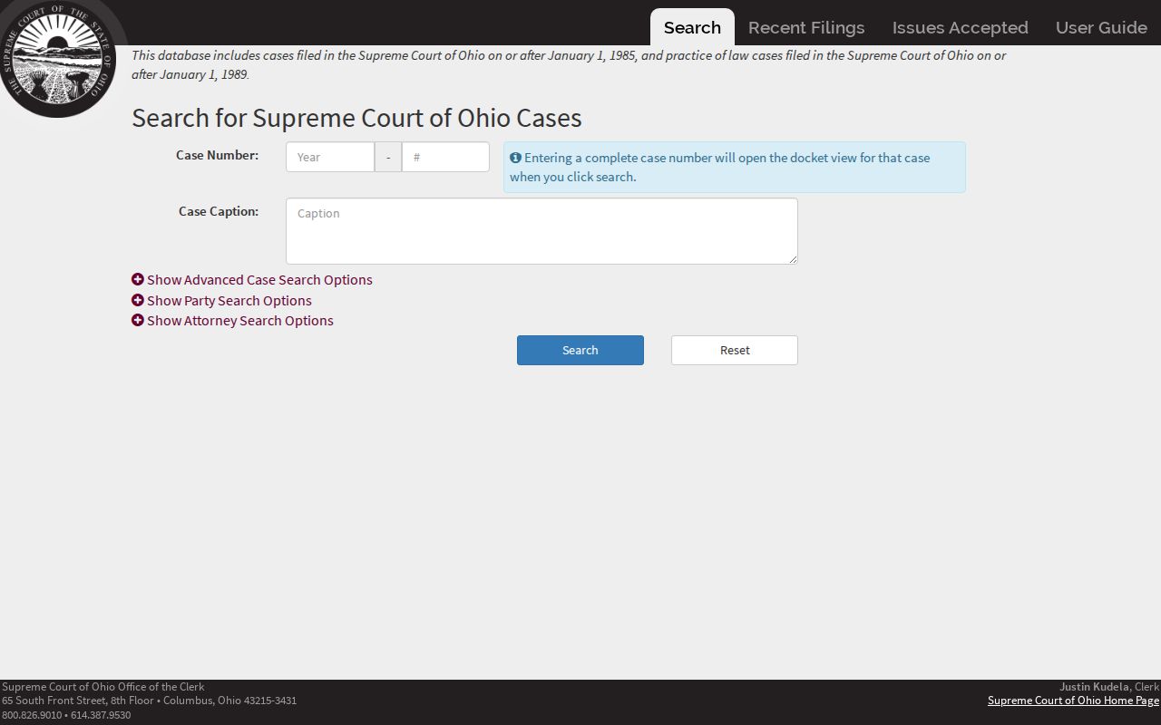 Anderson Township resident lookup view of Ohio Supreme Court case search