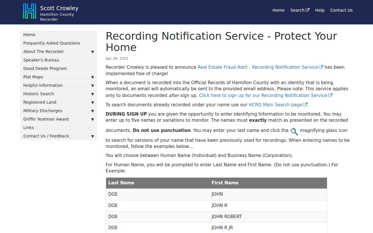 Anderson Township street directory Recorder notification service source